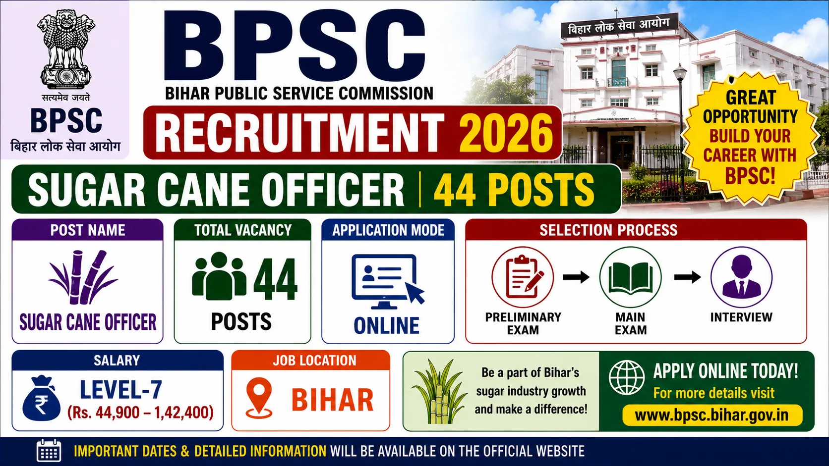 BPSC Sugar Cane Officer Recruitment 2026 for 44 Posts