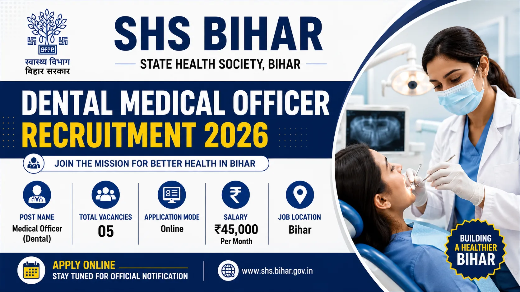SHS Bihar Dental Medical Officer Recruitment 2026 for 5 Posts